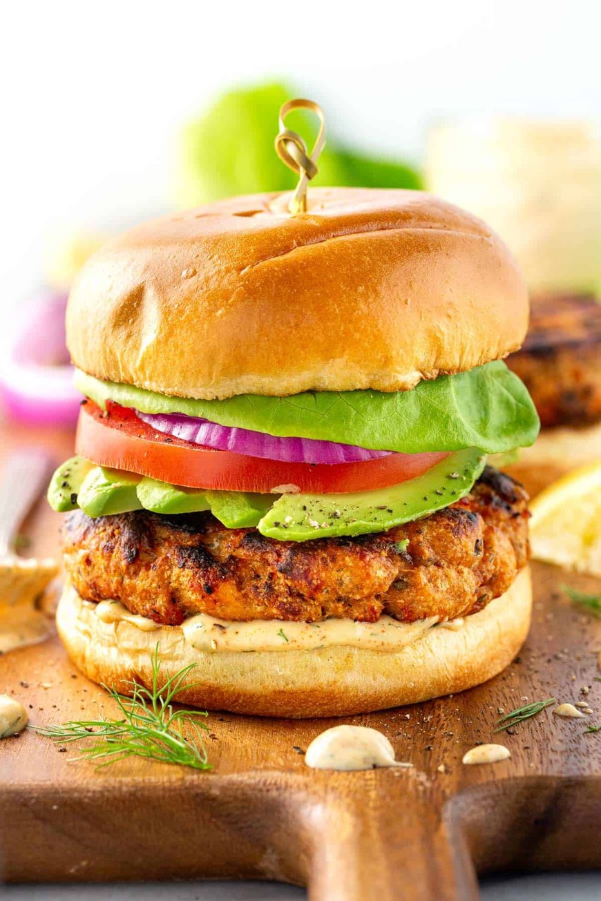 Fresh Salmon Burgers with Tangy Dill Sauce